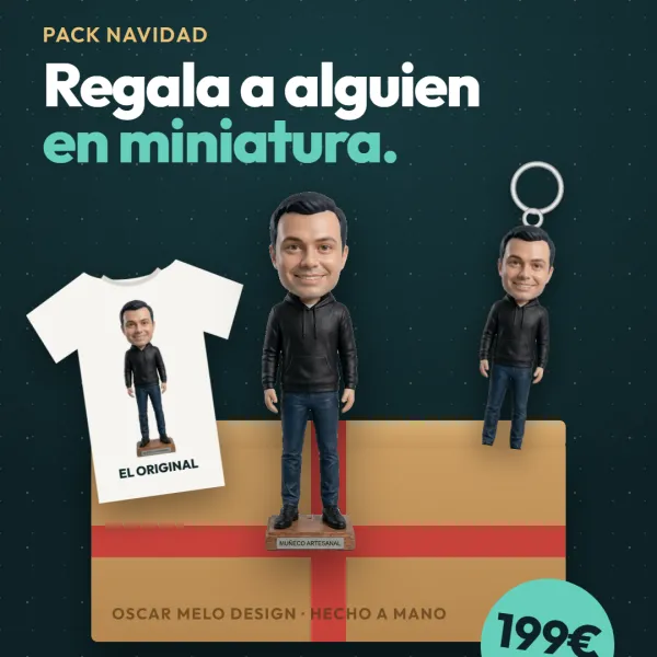 Pack Navidad: muñeco cabezón, camiseta con su imagen, llavero y caja regalo